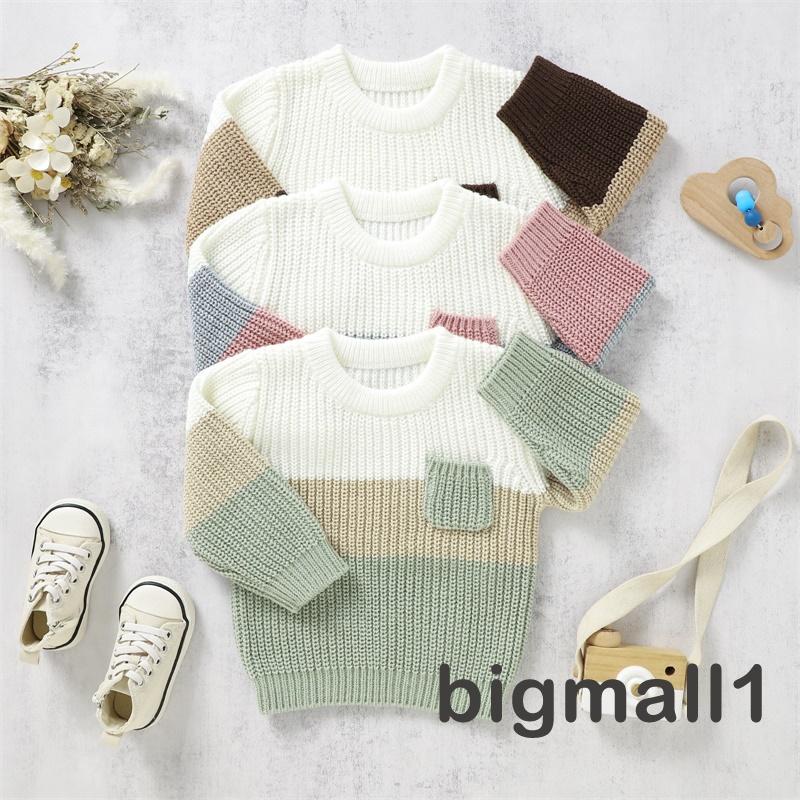 Bigmall-6 tháng-3 tuổi bé trai bé gái áo len dệt kim màu tương phản ấm áp phi hành đoàn cổ dài tay áo khoác mùa thu đông quần áo