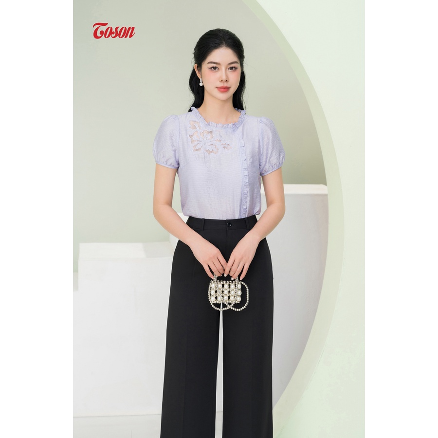 Áo sơ mi tím tơ gân thêu hoa bô đê nhún bèo 11090T93 Toson