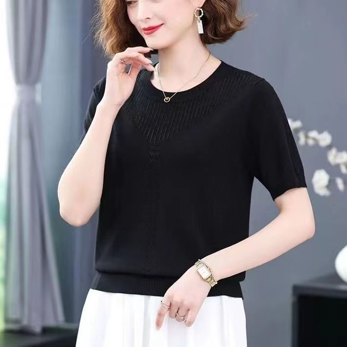 Plus size ice silk short sleeve t-shirt for women's summer new mom's knitwear loose solid color short top s-4xl
