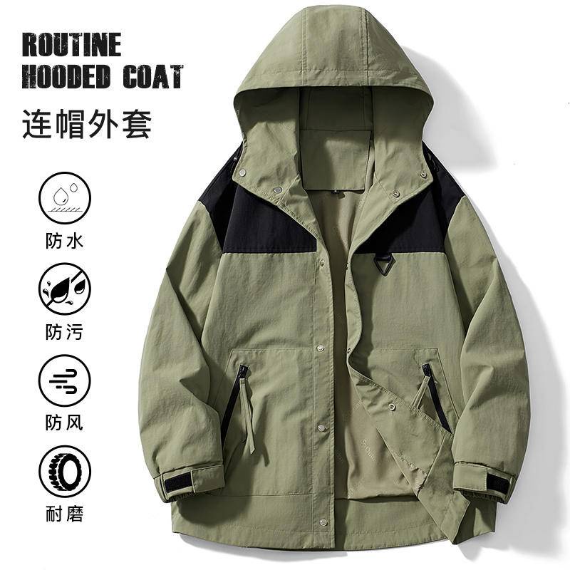 vận chuyển từ cùng một nhà máy ngoài trời nam nữ áo khoác cùng phong cách áo khoác đi bộ một lớp bộ đồ đi bộ đường dài dovetail hem camping chống gió áo khoác có mũ trùm đầu color-blocking