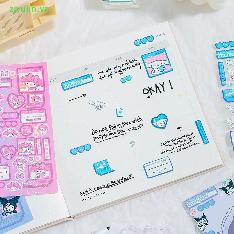 Ziyulin 6sheets / set hình dán laser hoạt hình dễ thương kawaii melody kuromi hello kitty decals trang trí không thấm nước diy sticker kids toys vn