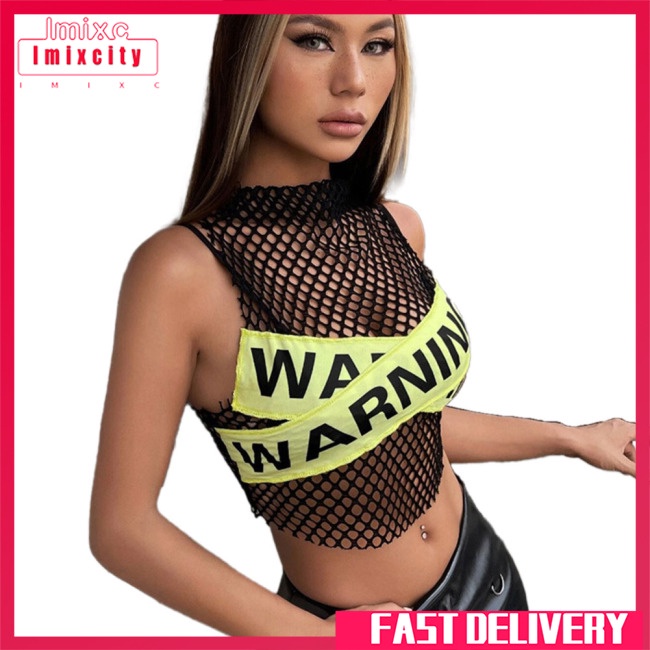 Áo lưới croptop IMIXCITY không tay in màu tương phản nhìn thấy phối rỗng phong cách sexy cho nữ