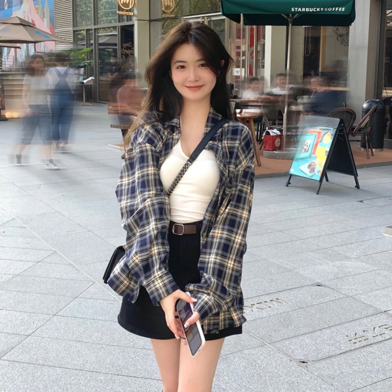 Mushiqi Áo Khoác Sơ Mi Caro Phong Cách retro hong kong Thời Trang Cho Nữ