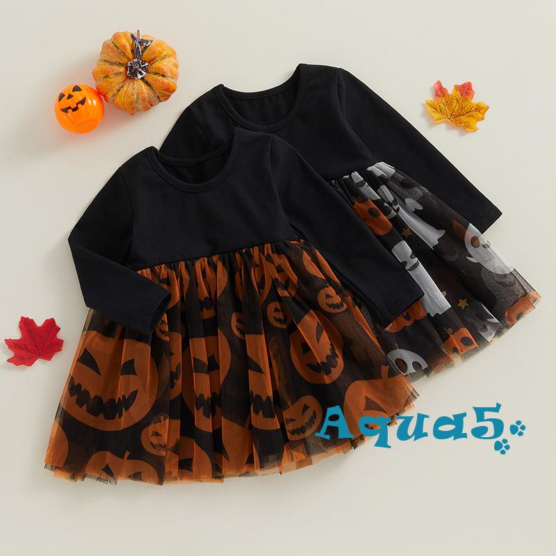 Aqua-toddler girl halloween trang phục váy bí ngô / ma in áo dài tay cổ tròn tulle patchwork a-line dress