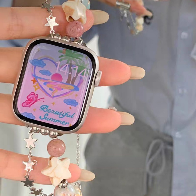 Vòng đeo tay hạt sao cho apple watch band series 7 8 6 5 4 se dây đeo kim loại chuỗi đôi cho i-watch 49mm 38mm 40mm 41mm 44mm 45mm 42mm