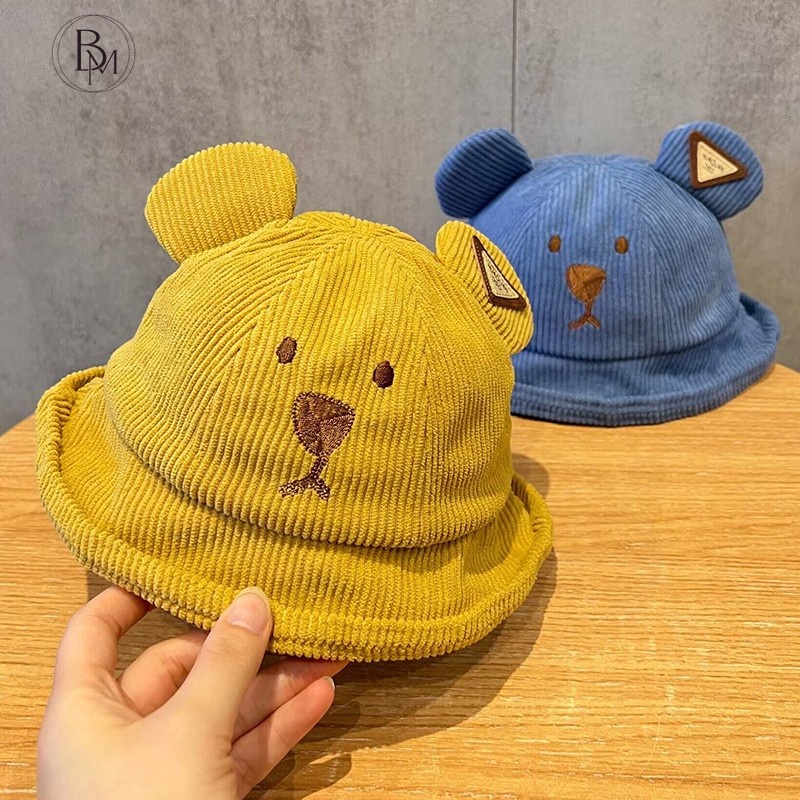 Mũ vải nhung mùa thu siêu dễ thương mũ hoạt hình gấu trẻ em mũ lưu vực bé trai và bé gái mũ ngư dân