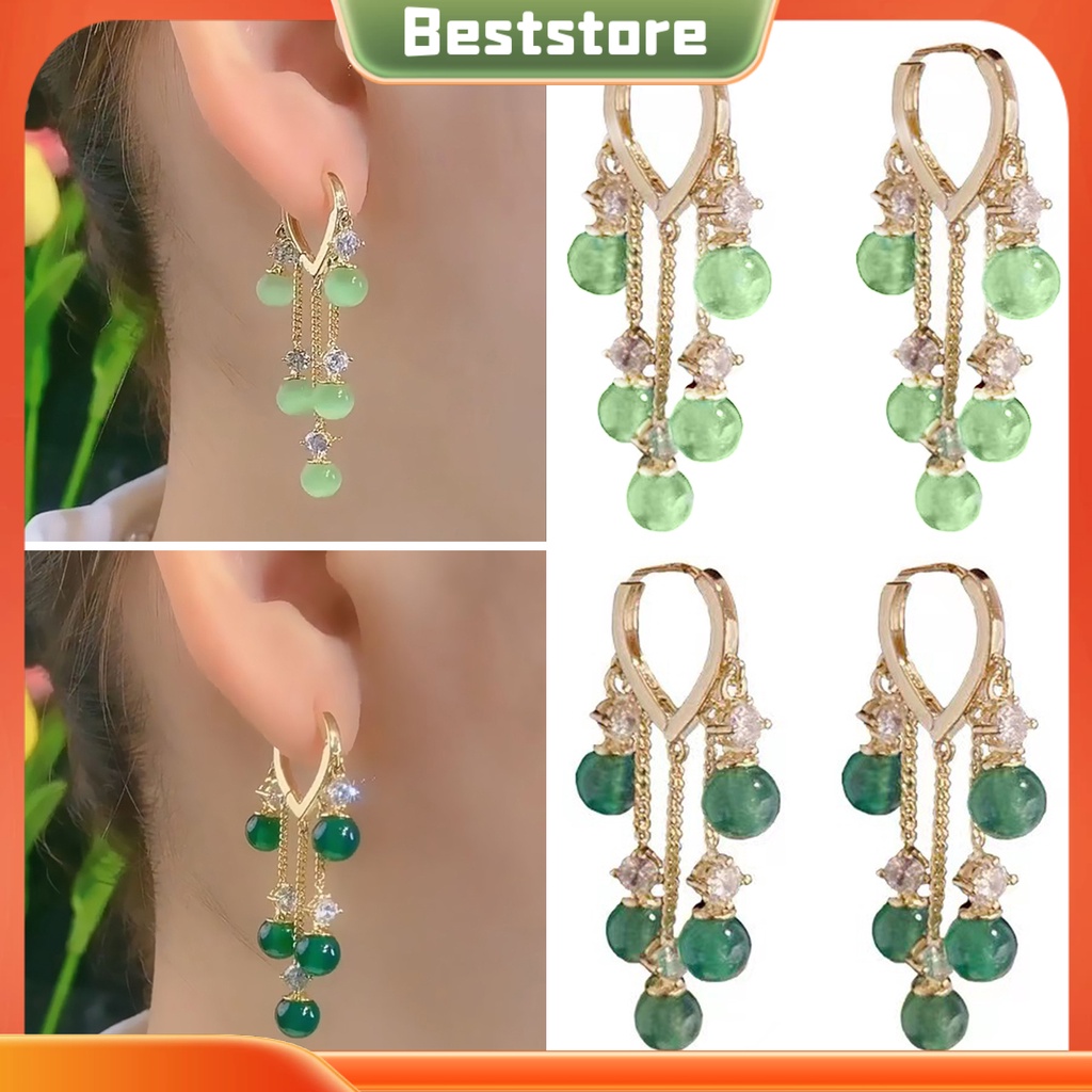 1 đôi bông tai nữ bắt mắt tay nghề tốt tua mạ vàng đánh bóng tinh tế ăn mặc màu sắc sống động màu xanh lá cây mô phỏng bông tai ngọc lục bảo trang sức thời trang
