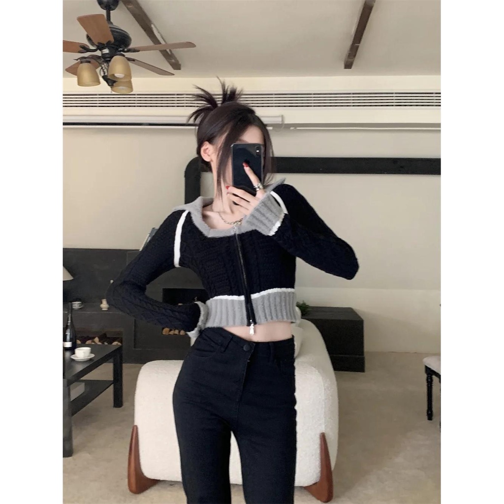 Áo len ngắn cardigan nữ mùa đông phong cách mới ins niche design sense phong cách hàn quốc dây kéo slim-fit black knit top