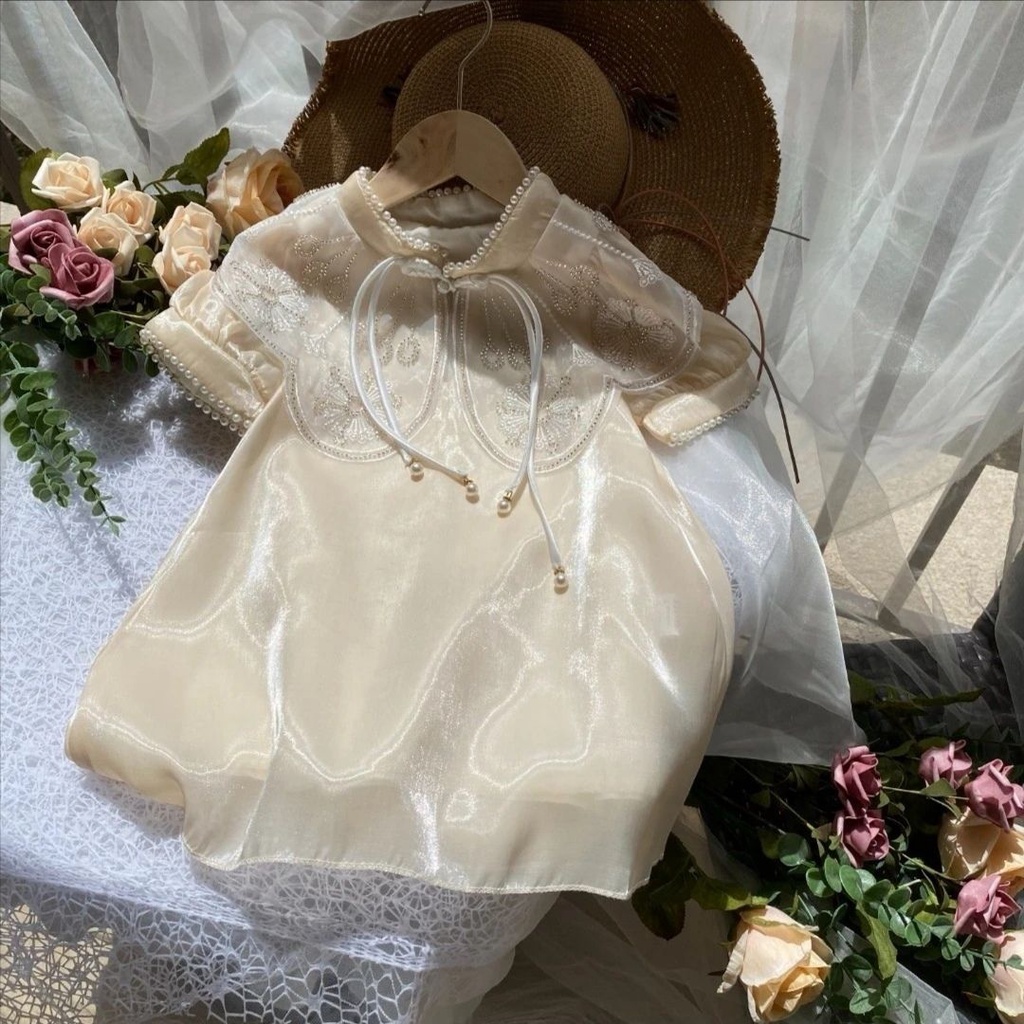 Váy sườn xám kid cực xinh hàng Váy mùa hè cho bé gái 2023 phong cách mùa hè phong cách mới trẻ em phong cách phương tây đám mây vai sườn xám bé ngắn tay-váy công chúa