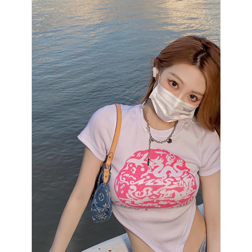 Ethelgirl Áo Croptop Tay Ngắn Dáng Ôm In Họa Tiết Phong Cách Cổ Điển Thời Trang Quyến Rũ Cho Nữ