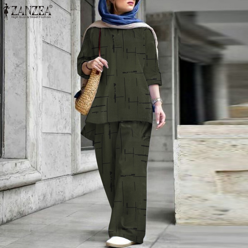 ZANZEA Set Áo Thun Ngắn Tay Cổ Chữ V + Quần Dài Lưng Thun Ống Rộng Thời Trang Nữ