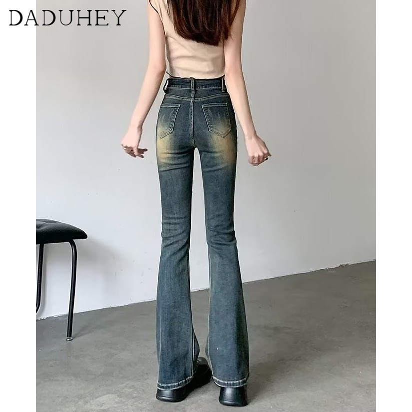 Quần jean DADUHEY lưng cao ống loe phối rách kiểu cổ điển thời trang phong cách Hàn Quốc cho nữ
