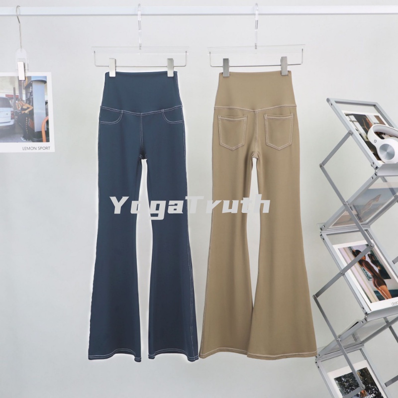 Quần Denim Ống Loe Lưng Cao Phối Túi Thời Trang Tập Yoga Cho Nữ