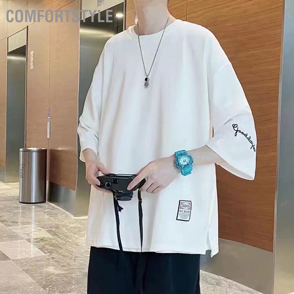 Comfortstyle Áo Sơ Mi Nam 3/4 Tay Cổ Tròn Thời Trang Thoáng Khí Colorfast Thoải Mái Cho Trường Học Văn Phòng
