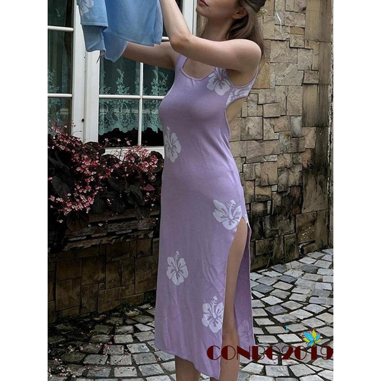 Đầm Dệt Kim Sát Nách Cổ Vuông Hở Lưng Xẻ Tà Họa Tiết Hoa Thời Trang Mùa Hè Cho Nữ