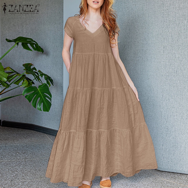 Đầm ZANZEA tay ngắn nhiều tầng màu trơn thời trang nữ tính