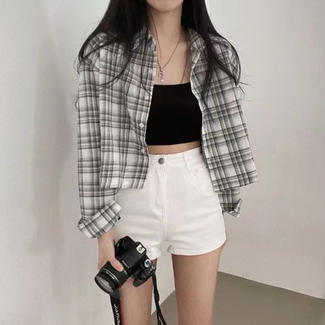 Áo Sơ Mi Caro Tay Dài Dáng Rộng Trẻ Trung Phong Cách Retro Hàn Quốc Cho Bạn Gái