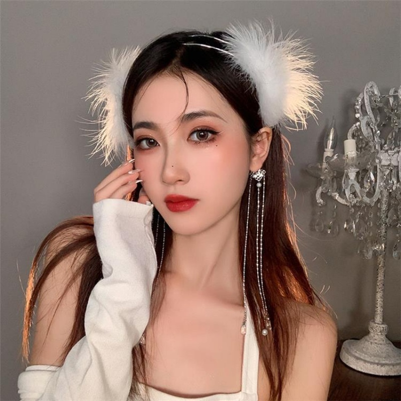 Bông Tai Dài Tua Rua Lông Vũ Trắng Thời Trang Chụp Ảnh Cho Nữ