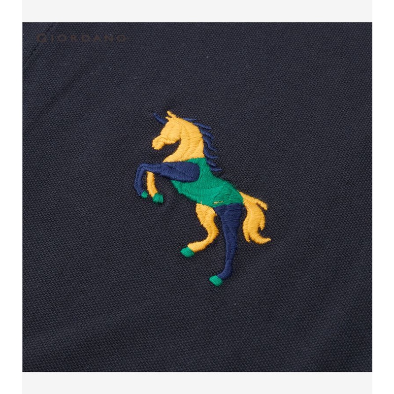 Áo polo nam GIORDANO 13013212 chất liệu pique dệt kim co giãn tốt tay ngắn thêu họa tiết kì lân thời trang