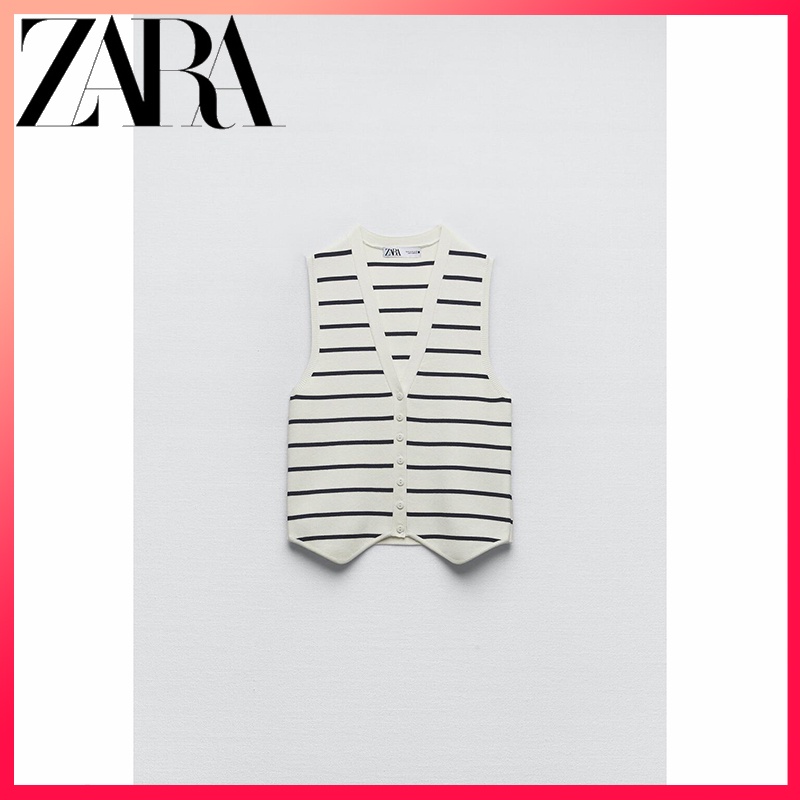 Zara Áo Dệt Kim Sát Nách Cổ Chữ V Kẻ Sọc Thời Trang Cho Nữ