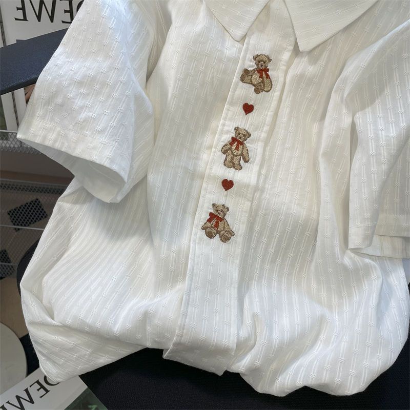 Phong Cách Nhật Bản Preppy Phong Cách Búp Bê Cổ Gấu Áo Sơ Mi Tình Yêu Nữ Mùa Hè Rời Thiết Kế Retro Nửa Tay Top