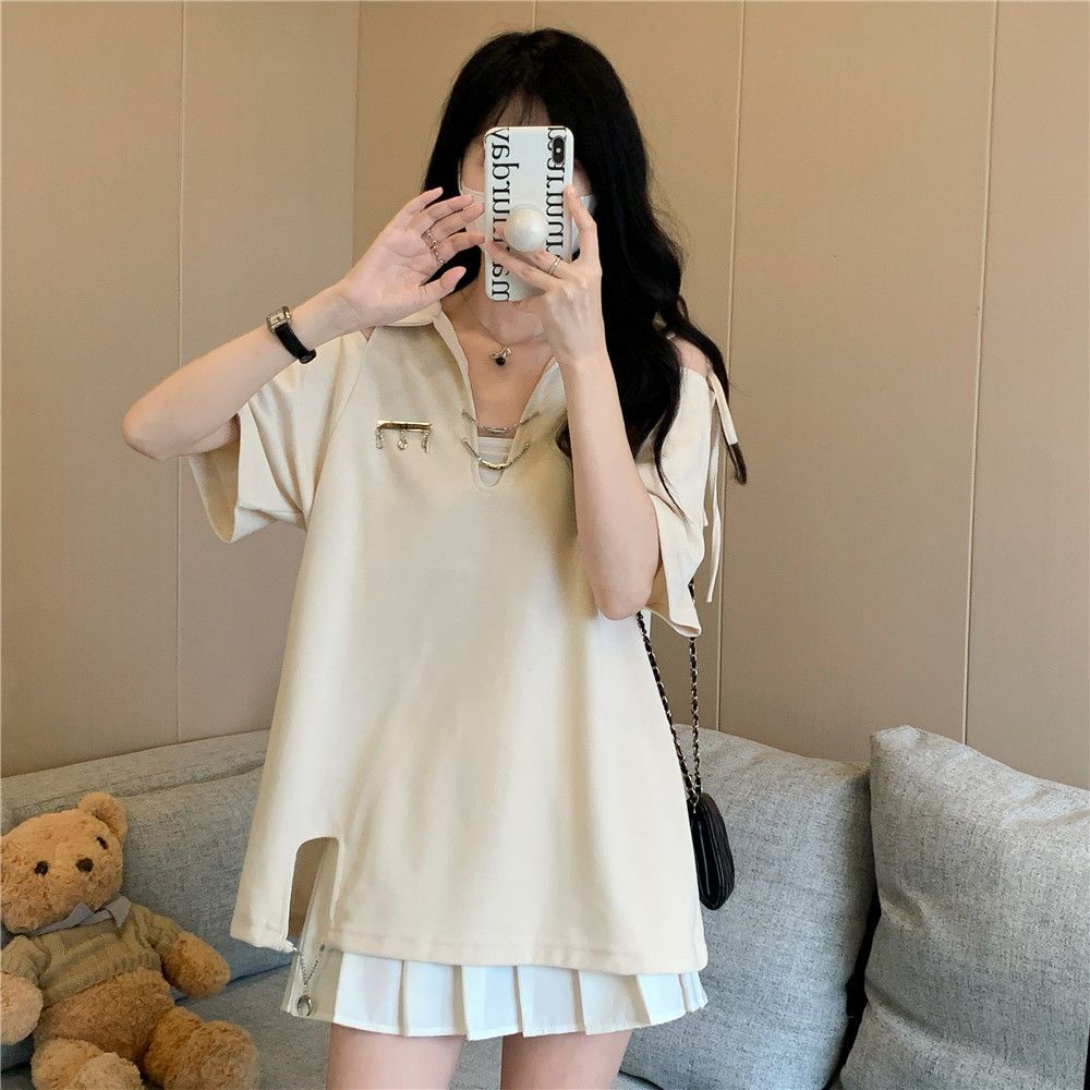 Áo Thun polo Tay Ngắn Cổ Chữ V Hở Vai Phối Dây Rút Kích Thước Lớn Phong Cách Preppy Cho Nữ