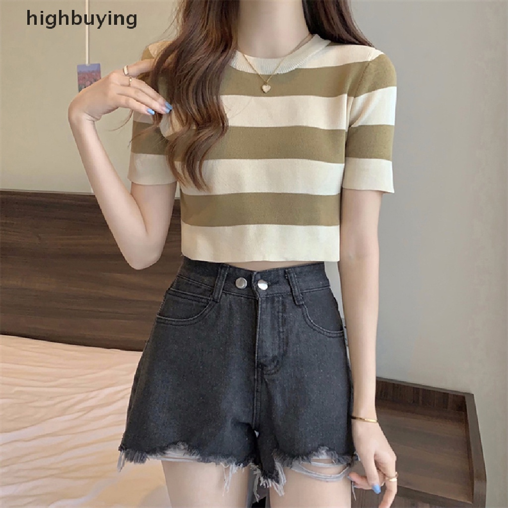 Áo Thun Croptop Dệt Kim Ngắn Tay Cổ Tròn Họa Tiết Kẻ Sọc Phong Cách Vintage
