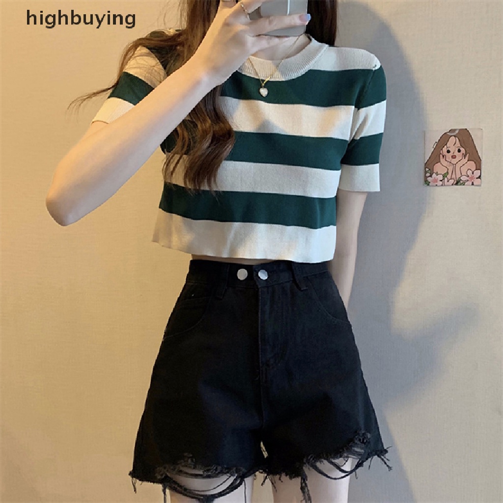 Áo Thun Croptop Dệt Kim Ngắn Tay Cổ Tròn Họa Tiết Kẻ Sọc Phong Cách Vintage