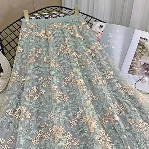 Chân Váy Chữ A Lưng Cao Phối Ren Lưới Thêu Họa Tiết Thời Trang Mùa Xuân 2023 Mới