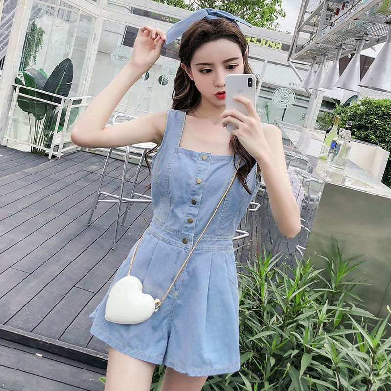 Nhà Sản Xuất Lạ Mắt Độc Đáo Của Nhà Sản Xuất Lạ Mắt✨Bộ Áo Liền Quần Denim Không Tay Lưng Cao Ống Rộng Thời Trang Mùa Hè Phong Cách Hàn Quốc Mới Cho Nữ