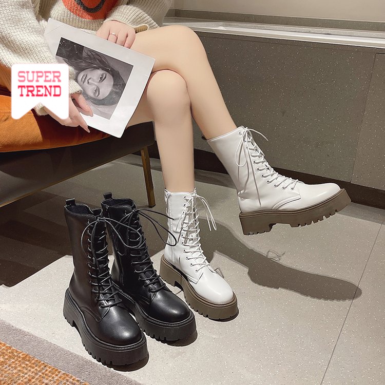 Giày Bốt Martin Mũi Tròn Cột Dây Phía Trước Màu Trơn Phối Khóa Kéo Thoải Mái Phong Cách Retro Thời Trang