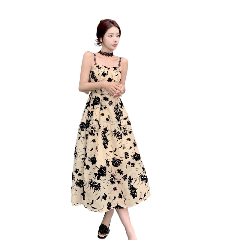 Đầm Midi Hai Dây Họa Tiết Hoa Phong Cách Retro Hàn Quốc Cho Nữ