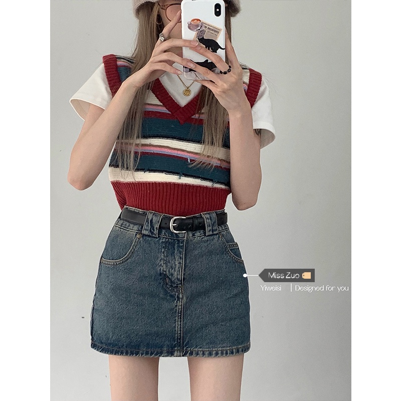 ☼Áo Thun Mùa Hè Phong Cách Mới☼Áo Thun Tay Ngắn Và Áo Len Không Tay Phong Cách Retro Mỹ Cho Nữ