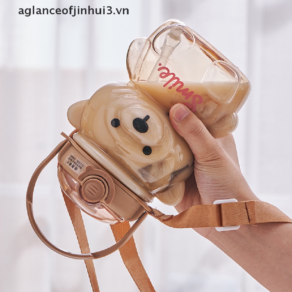 Bình Đựng Nước Bằng Nhựa Họa Tiết Gấu Hoạt Hình Dung Tích 1000ml Kèm Ống Hút Cho Bé