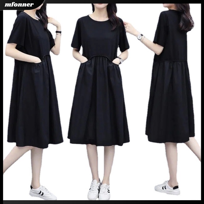 Đầm Chữ A Tay Ngắn Cổ Tròn Màu Sắc Đơn Giản Thanh Lịch Dành Cho Nữ