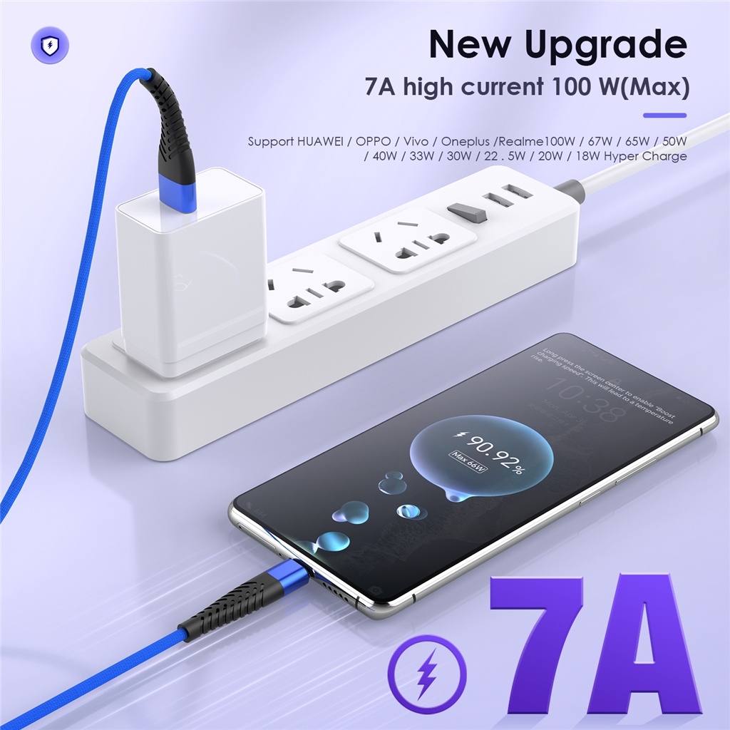 Dây Cáp Sạc Nhanh USB Loại C 7A 100W Cho Huawei OPPO Vooc Realme POCO F2 F3 X3 Samsung Xiaomi USBC 1m 2m 3m