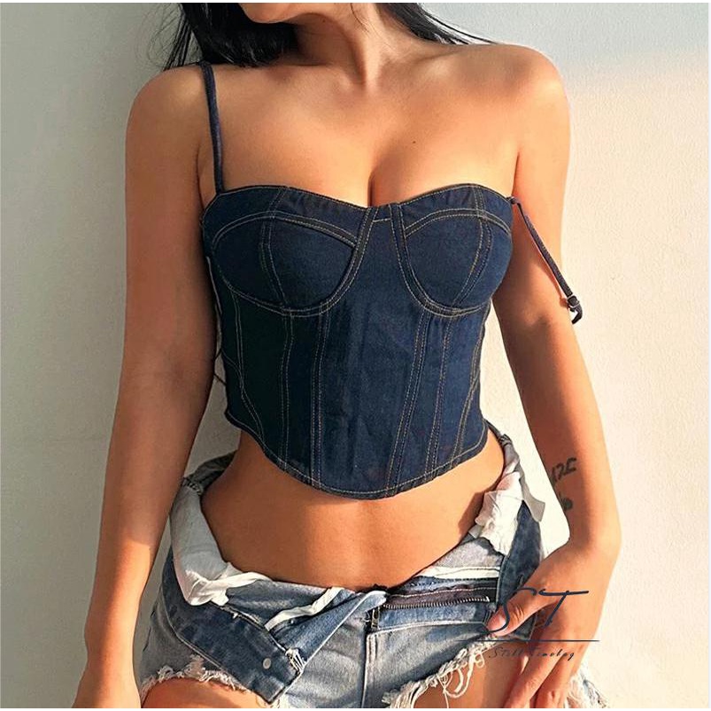 Áo Hai Dây Denim CY03 Ôm Dáng Hở Lưng Thời Trang Mùa Hè Cho Nữ