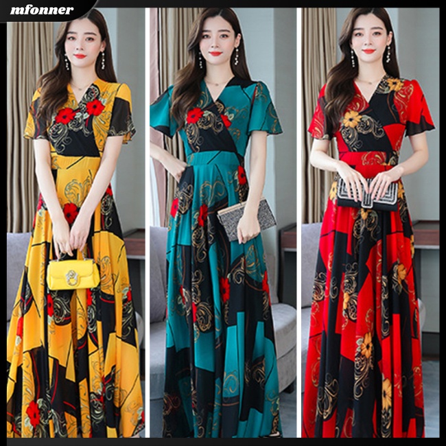 Đầm Lụa Dài Xếp Ly Lưng Cao Cổ Chữ V In Họa Tiết Cho Nữ