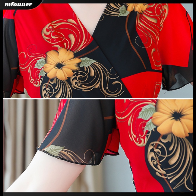 Đầm Lụa Dài Xếp Ly Lưng Cao Cổ Chữ V In Họa Tiết Cho Nữ