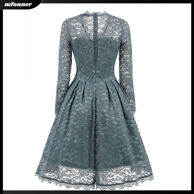 Đầm Tay Dài Cổ Chữ V Phối Ren Hoa Phong Cách Vintage