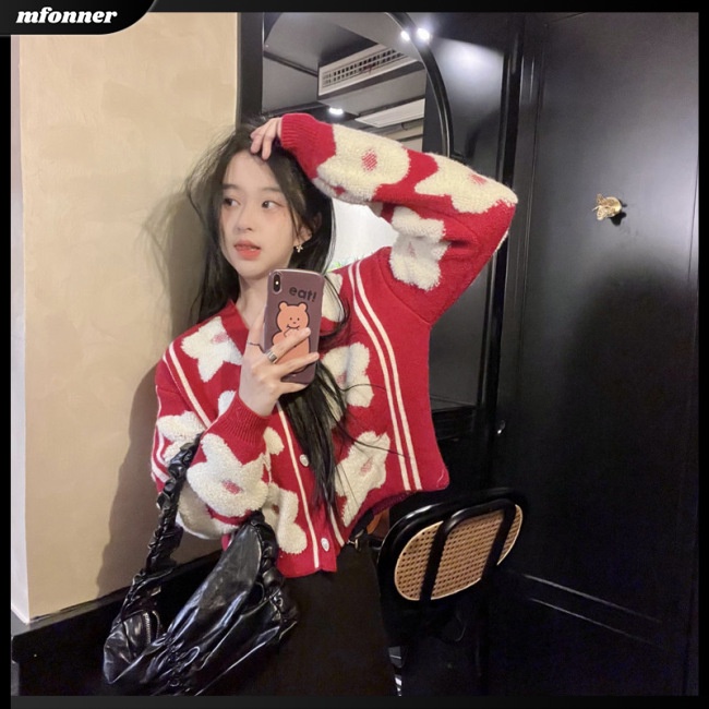 Áo Khoác Cardigan Dệt Kim Tay Dài Cổ Chữ V In Họa Tiết Hoa Thời Trang Cho Nữ