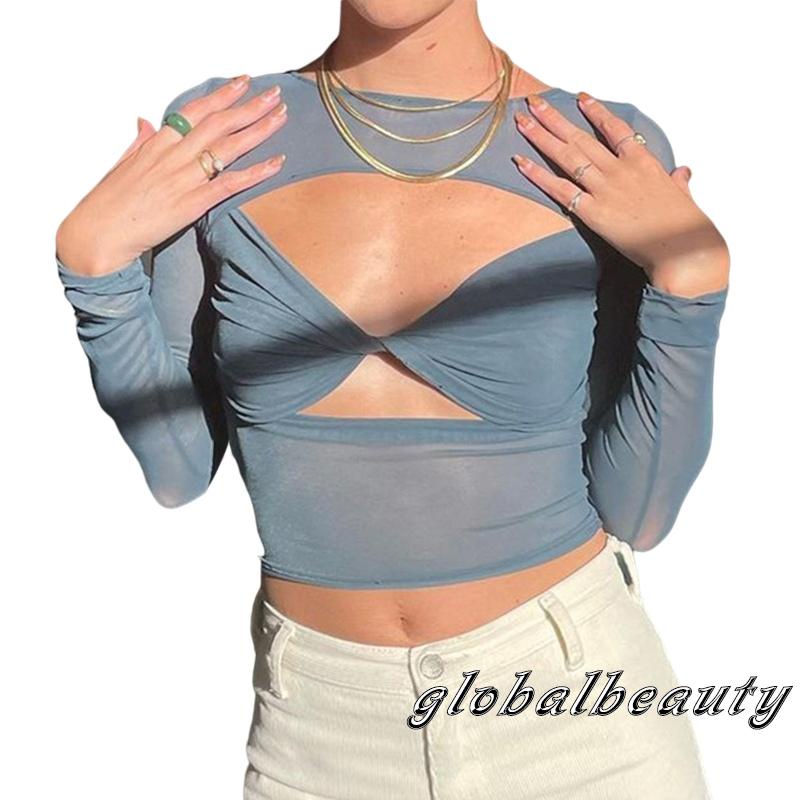 Áo Thun Dài Tay Màu Trơn Phối Lưới Thời Trang Cho Nữ