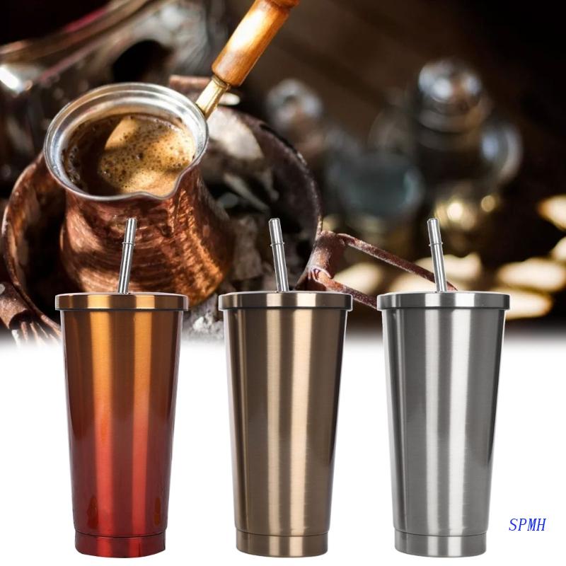 Cốc Uống Nước Bằng Thép Không Gỉ Có Nắp Và Ống Hút Tiện Dụng