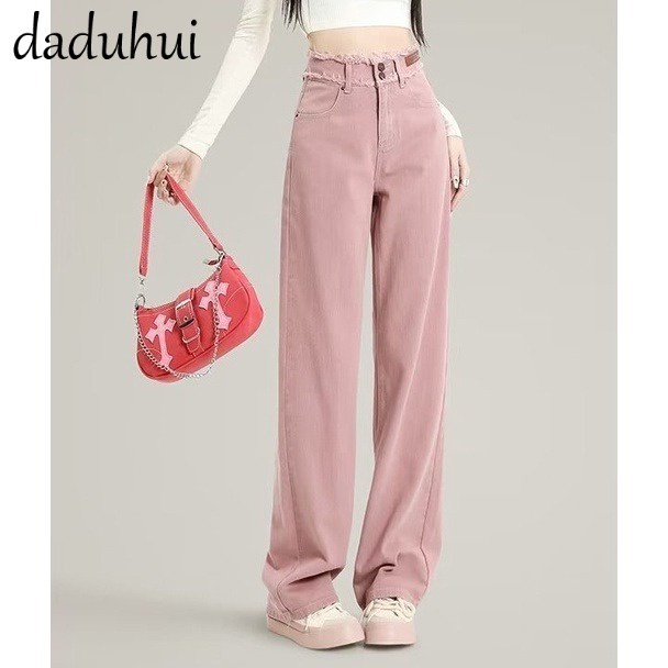 Daduhui 💕 2023 New Korean Version of INS Dirty Pink WOMEN'S Jeans High Waist Loose Wide Leg Pants Niche Trousers