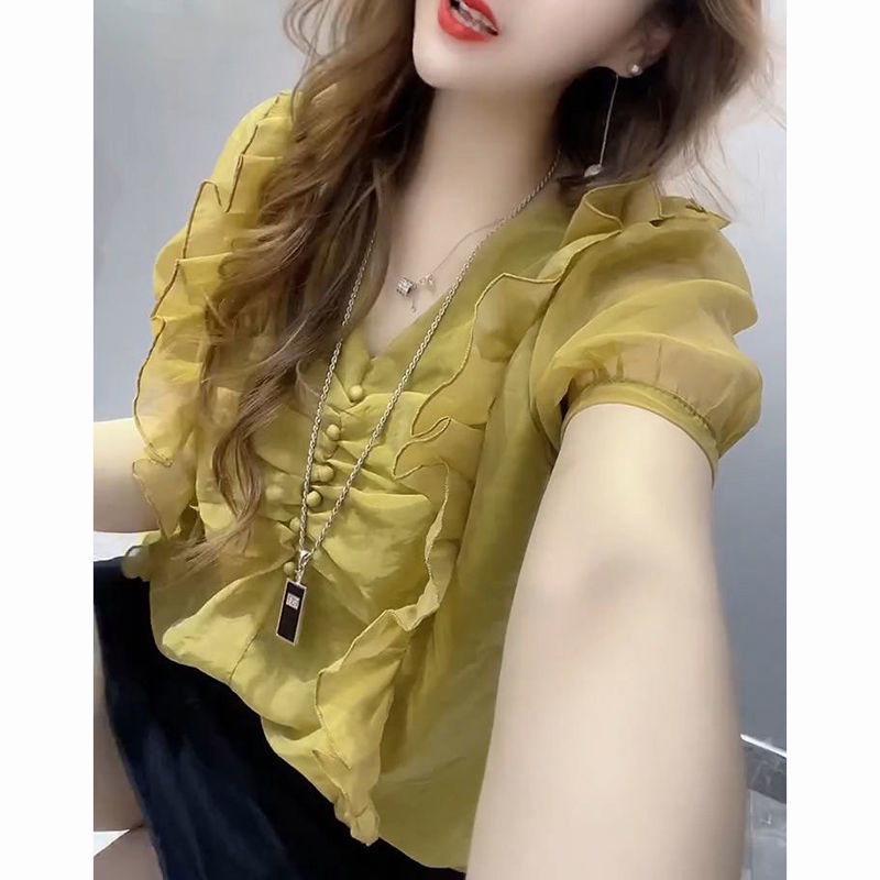 Áo Sơ Mi Tay Ngắn Cổ Chữ V Màu Trơn Phong Cách Thời Trang Phương Tây Thời Trang Mùa Hè 2023