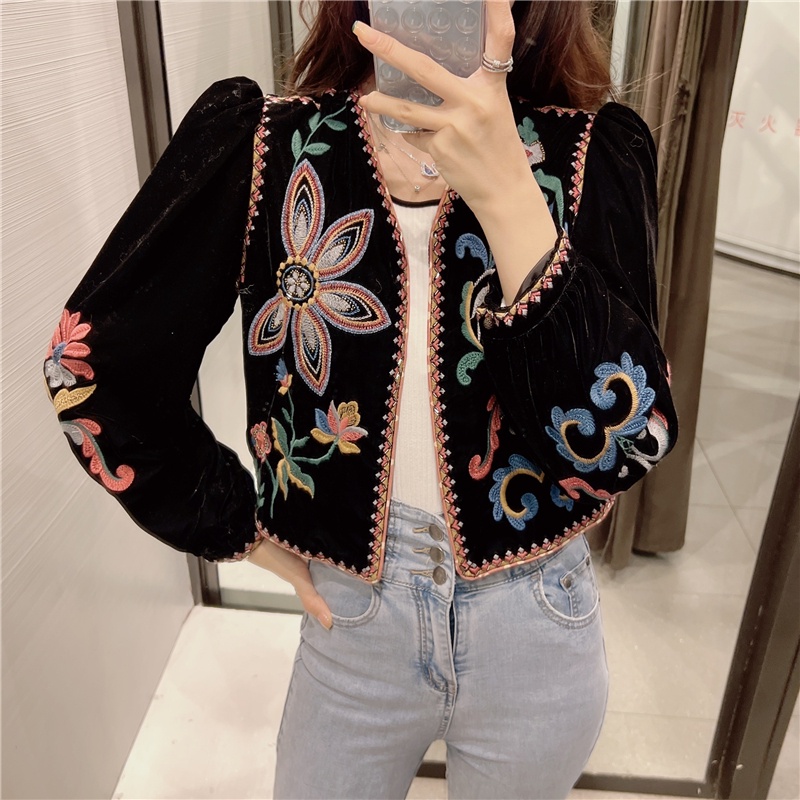 Zara Áo Khoác Nhung Thêu Hoa Phong Cách vintage Thời Trang 06895277800