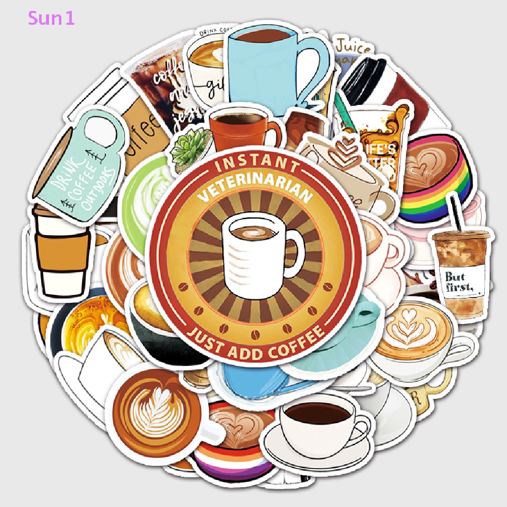 Set 50 Sticker Họa Tiết Cà Phê Hoạt Hình Trang Trí Laptop / Xe Scooter DIY