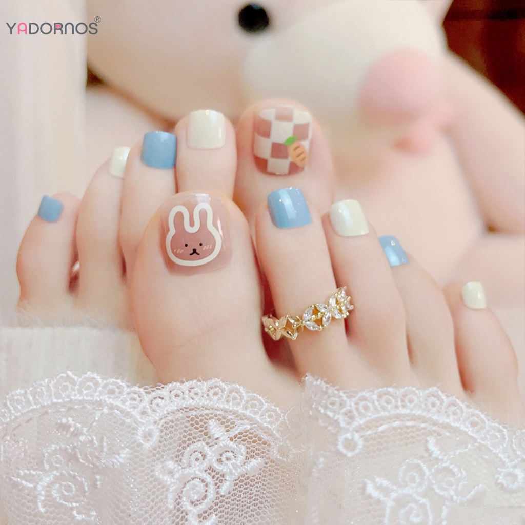YADORNOS Set 24 Móng Chân Giả Bằng Gel Màu Xanh Dương Hình Thỏ Cà Rốt Cho Nữ