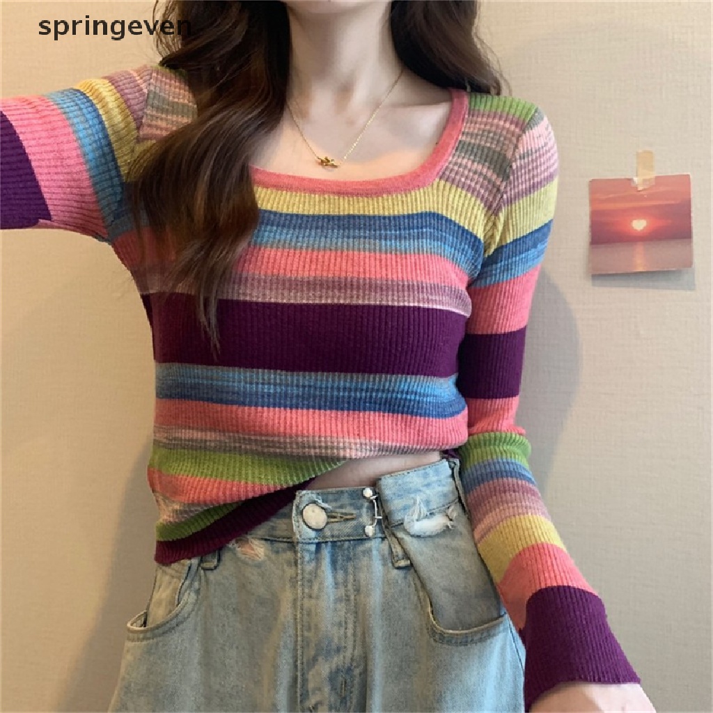 Áo Sweater Dệt Kim Tay Dài Cổ Vuông Họa Tiết Kẻ Sọc Nhiều Màu Sắc Thời Trang Cho Nữ