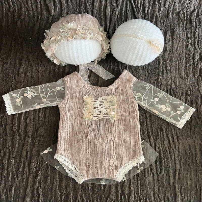 Bộ Áo Liền Quần Tay Dài Phối Ren Công Chúa + Băng Đô Co Giãn Thời Trang Dự Tiệc Cho Bé Sơ Sinh